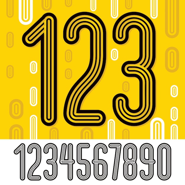 Plik wektorowy zestaw stylowych cyfr wektorowych retro, nowoczesna kolekcja cyfr. modne cienkie, wąskie cyfry od 0 do 9 można wykorzystać w tworzeniu plakatów. wykonane z geometrycznych równoległych potrójnych linii.