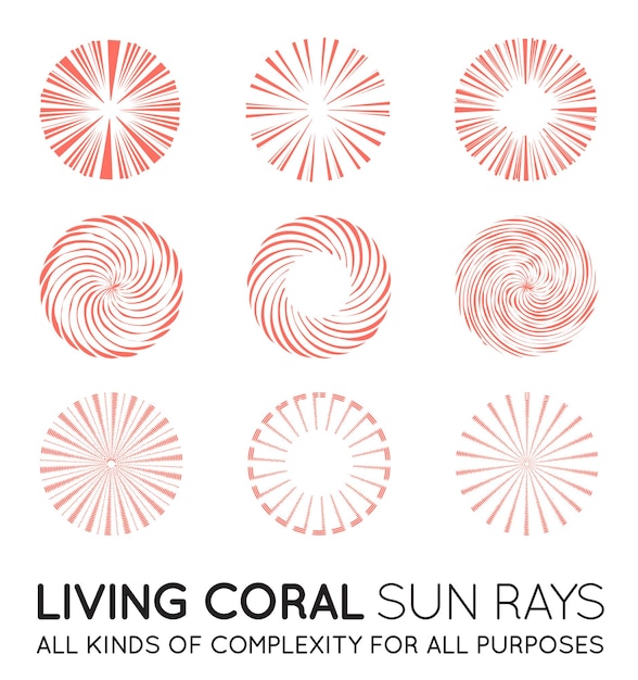 Zestaw Sunburst wektor promieni słonecznych w modnym koralowym kolorze