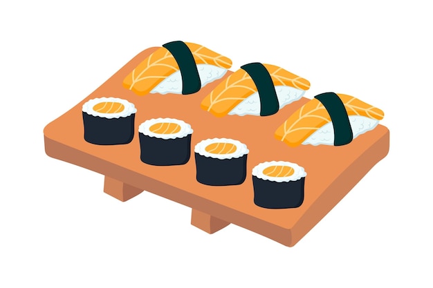 Plik wektorowy zestaw sushi i bułek z łososiem na drewnianym talerzu