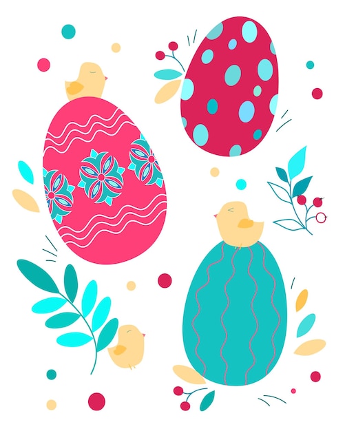 Zestaw świąteczny Z Jajkami Wielkanocnymi, Kurczakami I Gałązkami Wielkanoc Vector