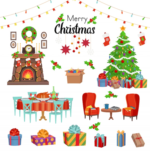 Zestaw świąteczny Z Kominkiem, Krzesłami, Choinką, świątecznym Stołem Z Jedzeniem, Prezentami, Girlandami. Ilustracja Kreskówka Wektor