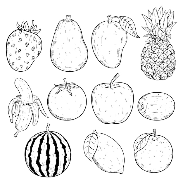Zestaw świeżych I Zdrowych Soczystych Owoców Z Szkic Lub Ręcznie Rysowane Styl Na Białym Tle