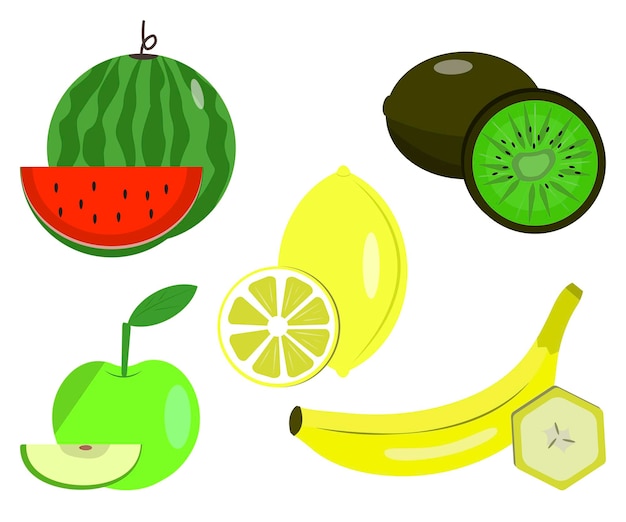 Plik wektorowy zestaw świeżych, smacznych owoców. styl kreskówki ręcznie rysowane ilustracji wektorowych. owoce na białym tle.