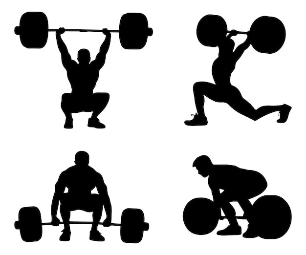 Zestaw sylwetek fitness podnoszących ciężary wykonujących różne ćwiczenia ilustracja wektorowa