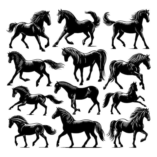 Zestaw sylwetek koni izolowanych na białym tle Ilustracja wektorowa