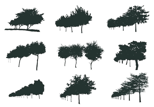 Plik wektorowy zestaw sylwetki drzew leśnych
