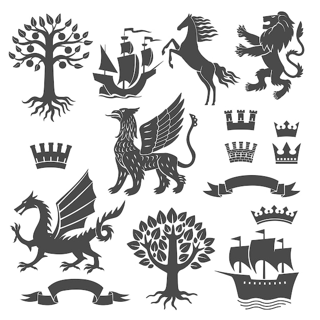 Zestaw symboli heraldycznych Lion Horse Dragon Griffin Ship Tree