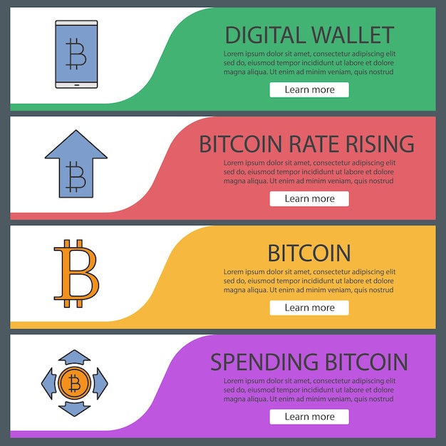Zestaw szablonów banerów internetowych Bitcoin. Portfel cyfrowy, wzrost stóp procentowych, wydatki. Pozycje menu w kolorze na stronie internetowej. Koncepcje projektowania nagłówków wektorowych