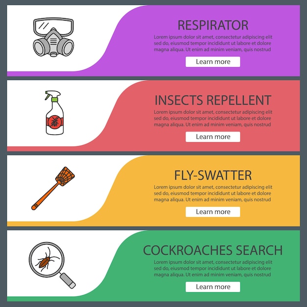 Zestaw Szablonów Banerów Internetowych Kontroli Szkodników. Respirator, Odstraszacz Owadów, Mucha, Szukanie Karaluchów. Kolorowe Elementy Menu Strony Internetowej Z Liniowymi Ikonami. Koncepcje Projektowania Nagłówków Wektorowych