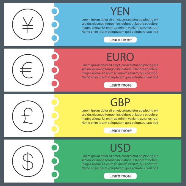 Plik wektorowy zestaw szablonów banerów internetowych walut. jen, dolar amerykański, euro, funt. kolorowe elementy menu strony internetowej z liniowymi ikonami. koncepcje projektowania nagłówków wektorowych