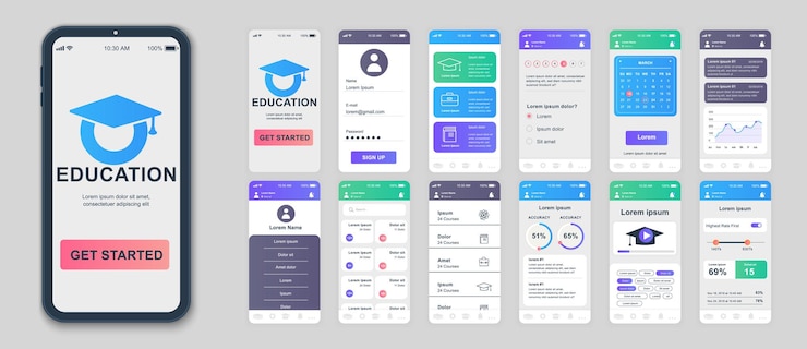 Wektor zestaw szablonów ekranów interfejsu aplikacji mobilnej edukacji lista lekcji statystycznych postępów konta internetowego kalendarz platformy instruktażowej pakiet zestawu interfejsu interfejsu ux gui dla układu aplikacji internetowej projekt wektorowy