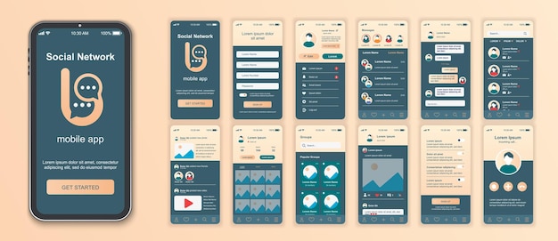 Zestaw Szablonów Interfejsów Aplikacji Mobilnych Sieci Społecznościowych Konto Online Przyjaciele Czat Wiadomości Zdjęcia Posty Blogowanie Statystyki Pakiet Ui Ux Gui Kit Dla Aplikacji Układ Sieciowy Projektowanie Wektorowe