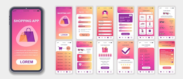 Zestaw szablonów interfejsu aplikacji mobilnej do zakupów Wejście do konta karta kredytowa asortyment sklep kosz towarów opinia klienta Pakiet zestawu UI UX GUI dla aplikacji układ internetowy Projekt wektorowy