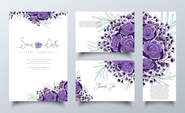 Plik wektorowy zestaw szablonów kart fioletowy zaproszenie kwiatowy