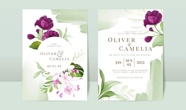 Plik wektorowy zestaw szablonów kart zaproszenie na ślub z fioletowymi akwarelami