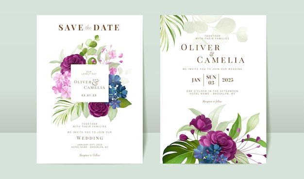 Plik wektorowy zestaw szablonów kart zaproszenie na ślub z fioletowymi akwarelami