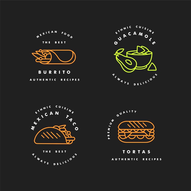 Zestaw Szablonów Logo I Emblematów - Meksykańskie Jedzenie. Meksykańskie Tradycyjne Potrawy Narodowe. Loga W Modnym Stylu Liniowy Na Białym Tle.