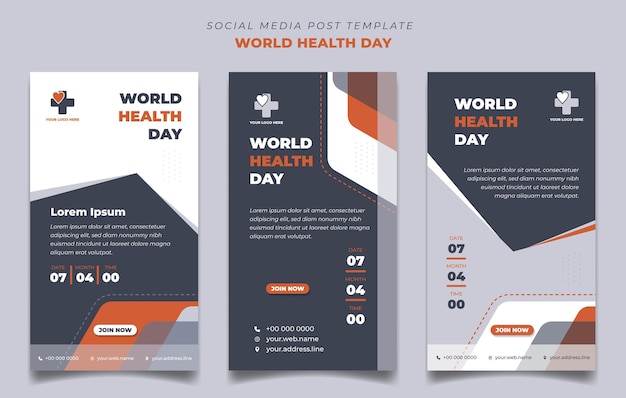Zestaw Szablonów Mediów Społecznościowych W Projekcie Portretowym Na światowy Dzień Zdrowia W Kolorze Pomarańczowym I Ciemnoszarym