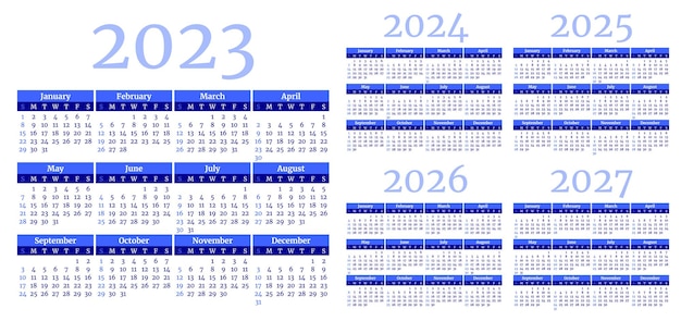 Zestaw Szablonów Niebieskiego Kalendarza Miesięcznego Na Lata 2023 2024 2025 2026 2027