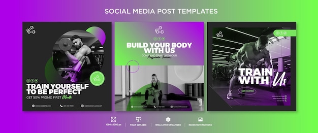 Plik wektorowy zestaw szablonów postów w mediach społecznościowych creative gym marketing square flyer