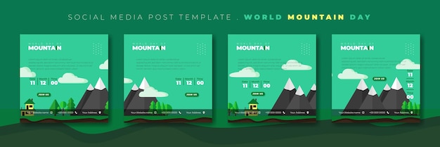 Zestaw Szablonów Postów W Mediach Społecznościowych Z Górą I Zielonym Tłem Na Międzynarodowy Dzień Górski