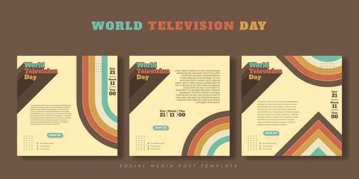 Wektor zestaw szablonów postów w mediach społecznościowych z klasycznym projektem typografii dla projektu światowego dnia telewizji