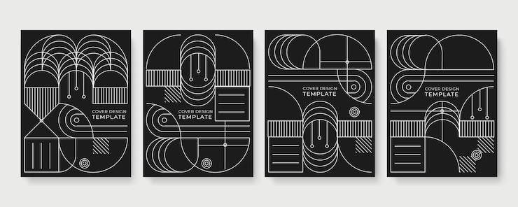Zestaw szablonów projektu okładki w stylu art deco. Abstrakcyjne tło z geometrycznymi teksturami fali kwadratowej z pół koła, w stylu memphis