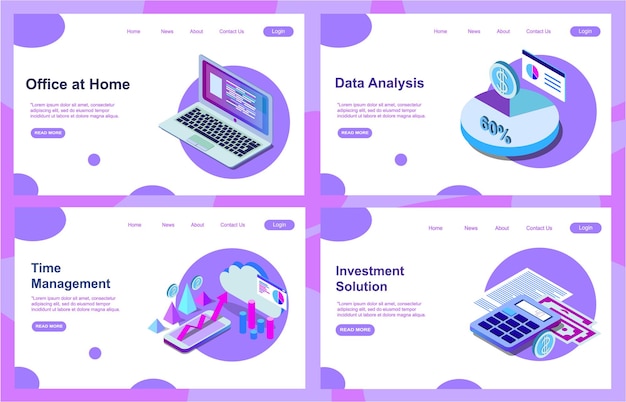 Zestaw Szablonów Projektu Strony Docelowej Do Analizy Danych, Umowy Cyfrowej, Rozwiązania Inwestycyjnego I Zarządzania Finansami. łatwe Do Edycji I Dostosowywania. Nowoczesne Koncepcje Ilustracji Wektorowych Eps