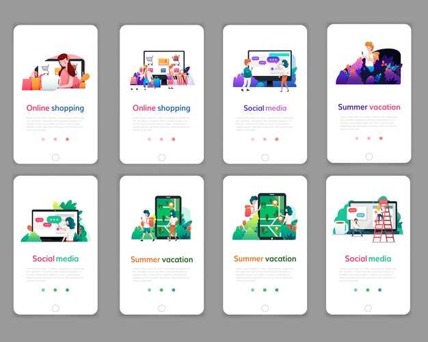 Zestaw szablonów projektu strony internetowej do zakupów online, marketingu cyfrowego, mediów społecznościowych, wakacji. Nowoczesne koncepcje ilustracji wektorowych do tworzenia stron internetowych i mobilnych.
