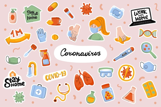 Zestaw Szablonów ślicznych Naklejek Koronawirusa