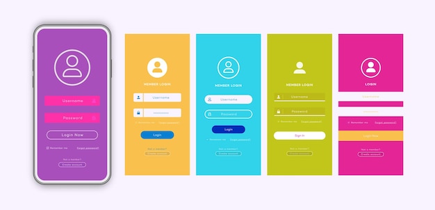 Zestaw szablonów stron formularza logowania z modnym płaskim tłem kolorowym do tworzenia aplikacji, makiety stron internetowych dla smartfonów, elementy UI, formularz logowania online, rejestracja profilu użytkownika, dostęp do konta, wektor