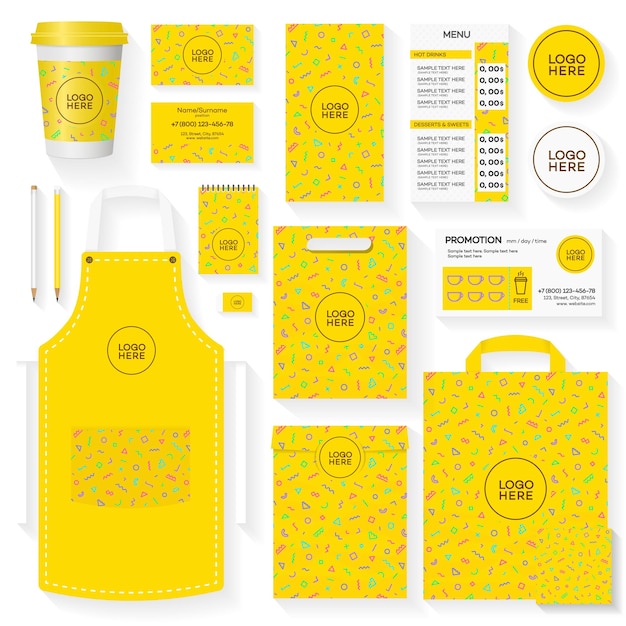 Zestaw Szablonów Tożsamości Korporacyjnej Kawiarni Z żółtym Wzorem Geometrycznym I Miejscem Dla Logo.