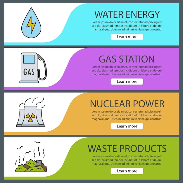 Zestaw Szablonów Transparent Zanieczyszczenia środowiska. łatwy Do Edycji. Energia Wodna, Stacja Benzynowa, Elektrownia Atomowa, Wysypisko śmieci. Pozycje Menu Strony Internetowej. Kolorowy Baner Internetowy. Koncepcje Projektowania Nagłówków Wektorowych