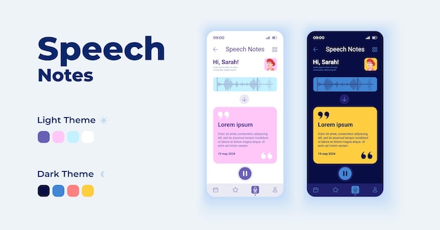 Zestaw Szablonów Wektor Interfejs Kreskówka Mowy Notatki. Projekt Strony Ekranu Aplikacji Mobilnej Dzień I Tryb Ciemny. Wiadomość Dźwiękowa. Powiadomienia Tekstowe. Komunikator Ui Dla Aplikacji. Wyświetlacz Telefonu