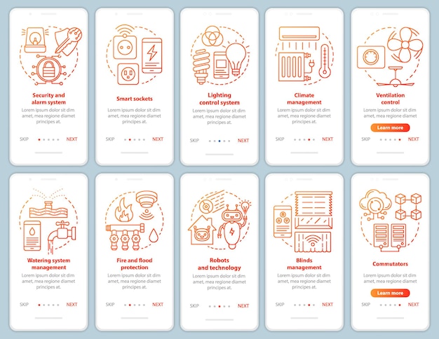 Zestaw Szablonów Wektorów Ekranu Aplikacji Mobilnej Inteligentnego Domu. Nowoczesne Systemy Automatyki Domowej. Instruktażowe Kroki Strony Internetowej Z Ilustracjami Liniowymi. Koncepcja Interfejsu Smartfona Ux, Ui, Gui