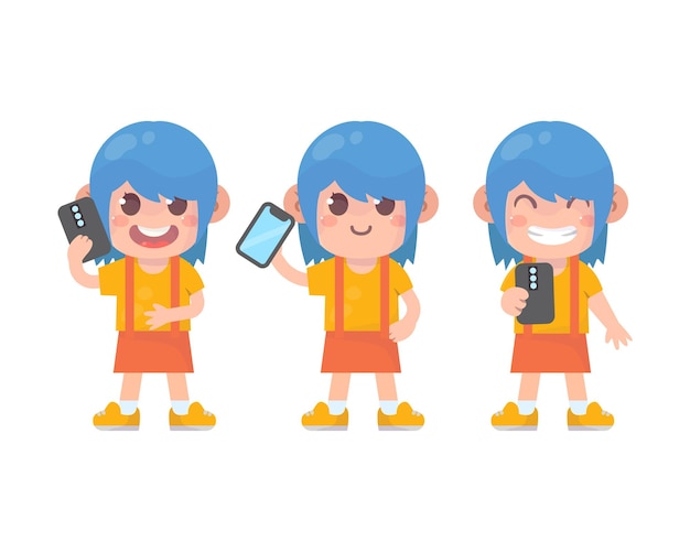 Zestaw Szczęśliwych Dzieci Słodkiej Dziewczyny I Smartfona Z Wieloma Wyrażeniami Gestów