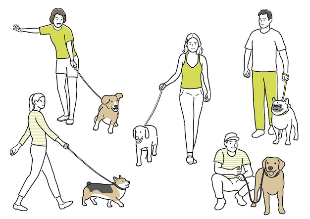 Zestaw szczęśliwych ludzi spacerujących z psami na smyczy proste wektor płaskie rysunki linii