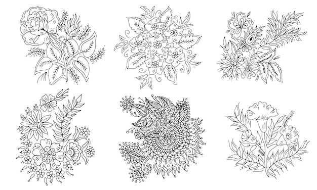Plik wektorowy zestaw sześciu czarno-białych rysunków kwiatów.