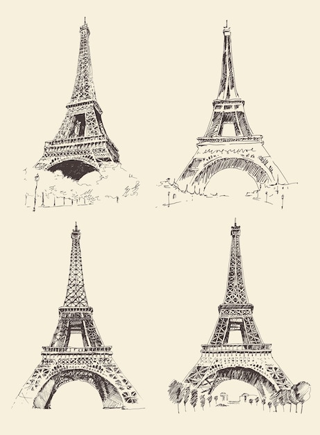 Plik wektorowy zestaw szkiców wieży eiffla, architektura paryż francja, vintage grawerowane ilustracja, ręcznie rysowane