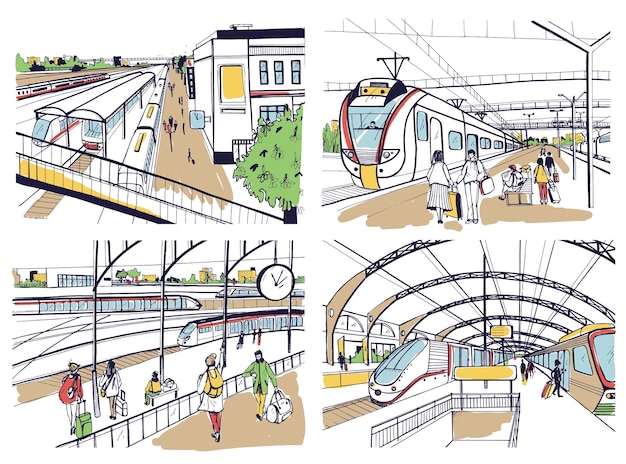 Plik wektorowy zestaw szkiców z dworcem kolejowym. pasażerowie na peronie, oczekujący, przyjeżdżający i odjeżdżający pociąg. ręcznie rysowane ilustracja kolorowy wektor.