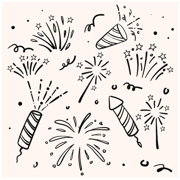 Zestaw Sztuki Liniowej Fajerwerków Doodle Firecrackers In Doodle