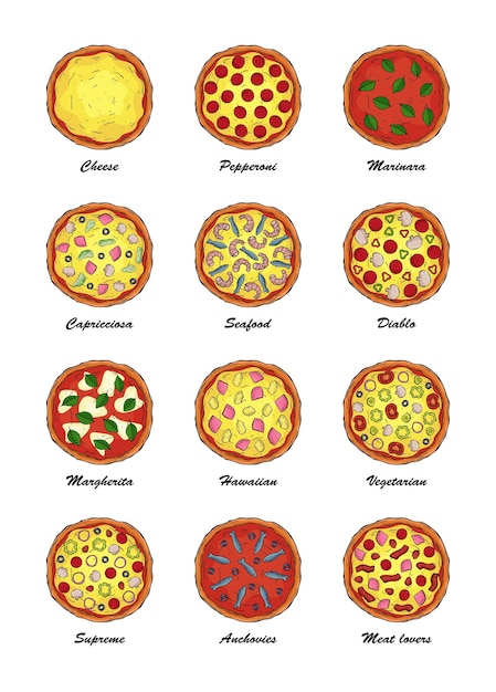 Plik wektorowy zestaw sztuki liniowej kolorowej pizzy izolowanej na białym tle menu pizzy