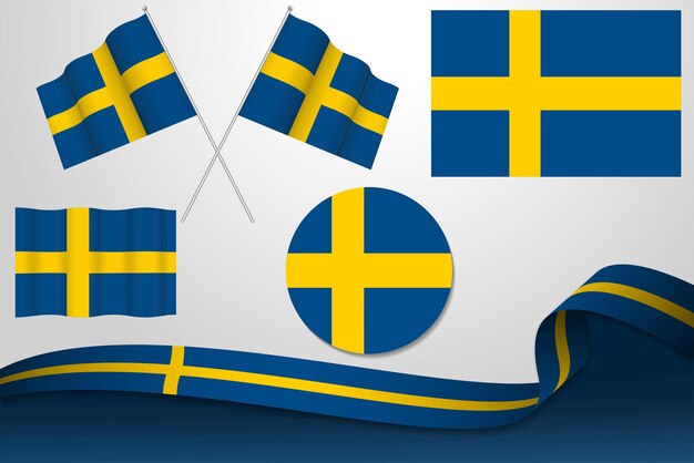 Zestaw Szwedzkich Flag W Różnych Projektach Ikona Obdzierania Flagi Z Wstążką Z Tłem