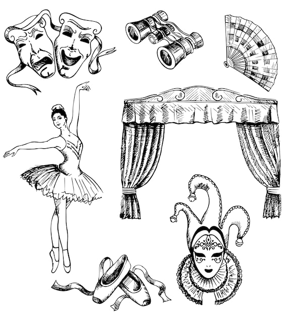 Plik wektorowy zestaw teatralny ręcznie rysowane tuszem