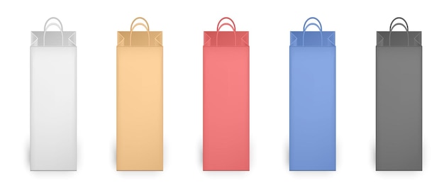 Plik wektorowy zestaw toreb na zakupy. torby papierowe białe, różowe, czerwone, niebieskie i zielone. pudełko na butelkę