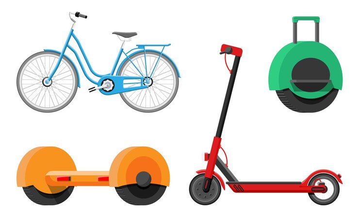 Wektor zestaw transportu miejskiego dla wypoczynku. hulajnoga, hoverboard, monocykl, żyroskop i rower. ekologiczne pojazdy miejskie. ekologiczny, wygodny transport miejski. płaska ilustracja wektorowa