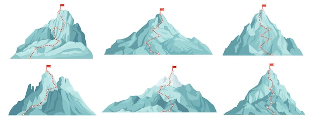 Zestaw Tras Na Szczyt Górski. Wspinaczka W Góry Z Czerwoną Flagą Na Górze