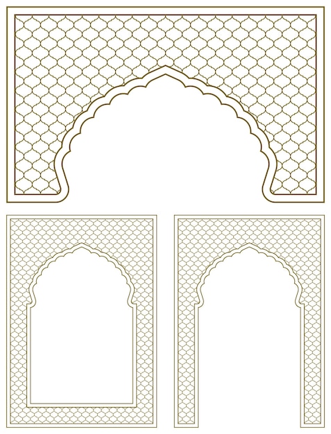 Plik wektorowy zestaw trzech elementów projektowych dwie ramki i łuk ornament w arabskim stylu geometrycznym rozmiar a4