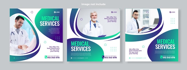 Zestaw Trzech Gradientów Geometrycznych Tła Bannera Usług Medycznych Szablon Pakietu Mediów Społecznościowych Premium Vector