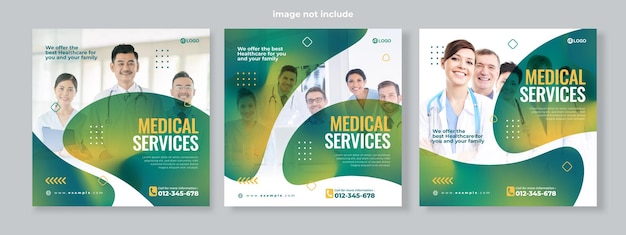 Zestaw Trzech Gradientowych Płynnych Tła Usługi Medycznej Banner Mediów Społecznościowych Szablon Wektor Premium